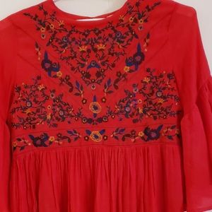 Altar’d State Dress Large Baby Doll Red Floral Embroidered Flowy Short Tunic